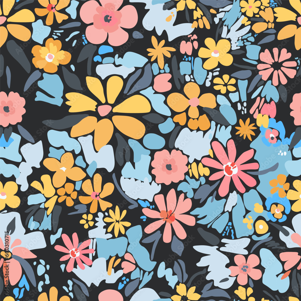 Abstract Vector seamless pattern. Bright flowers on a dark background.