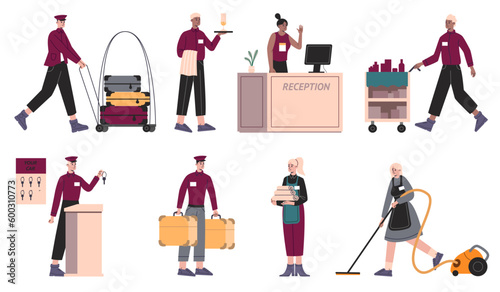 Cartoon hotel staff. Guest house professional employees. Men and women in uniform. Receptionist and porter. Bellboy carrying luggage. Maid with vacuum cleaner. Vector motel workers set
