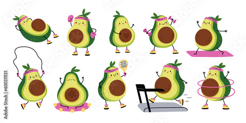 Cute avocado athlete. Cartoon character doing sport exercises. Vegetarian mascot in different poses. Healthy vegetable with funny smile face. Workout and active game. Garish vector set