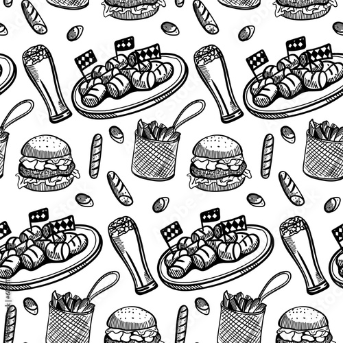 Street Food Seamless Pattern. Wrapping paper design. Yellow engraving style illustrations of burger and beer. EPS10 vector illustration.