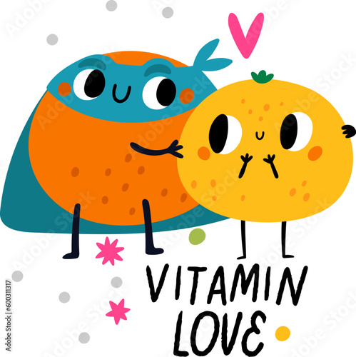Cute fruits character. Vitamin love card. Superhero funny mascot. Happy citrus friends hugging. Summer orange with hero mask and cloak. Healthy food. Vector cartoon square banner design