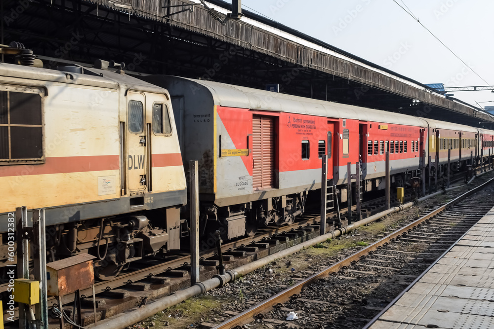 Indian railway train at Amritsar railway station platform during morning time, Colourful train at Amritsar, Punjab railway station Indian railway train at Amritsar railway station platform during morning time, Colourful train at Amritsar, Punjab railway station