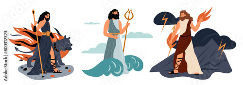 Main Greek gods. Cartoon Olympus characters. Hades king of underworld. Poseidon patron of seas and oceans. Zeus with thunder and lightning. Different Greece deities. Vector concept