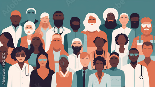 Vector illustration, group of Male Female Doctors and nurses, AI Generative