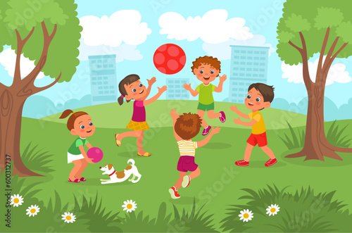 Fototapeta Naklejka Na Ścianę i Meble -  Outdoor kids games. Little funny girls and boys throwing ball in city park. Happy friends group in nature. Preschool children playing in meadow. Summer leisure. Splendid vector concept