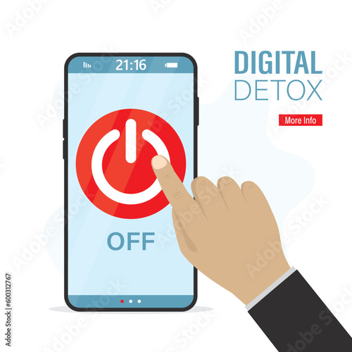 User hand push turn off smartphone. Off button on cell phone screen. Digital detox concept. No using mobile phone, smart gadget. Freedom from internet, smartphones and social media.