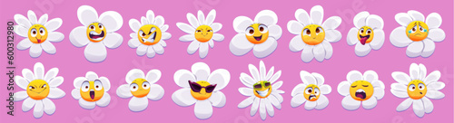Chamomile flower face emotions isolated vector set. Cartoon groovy plant character icon illustration with smile, happy and crying facial expression. Y2k psychedelic pop camomile blossom avatar.