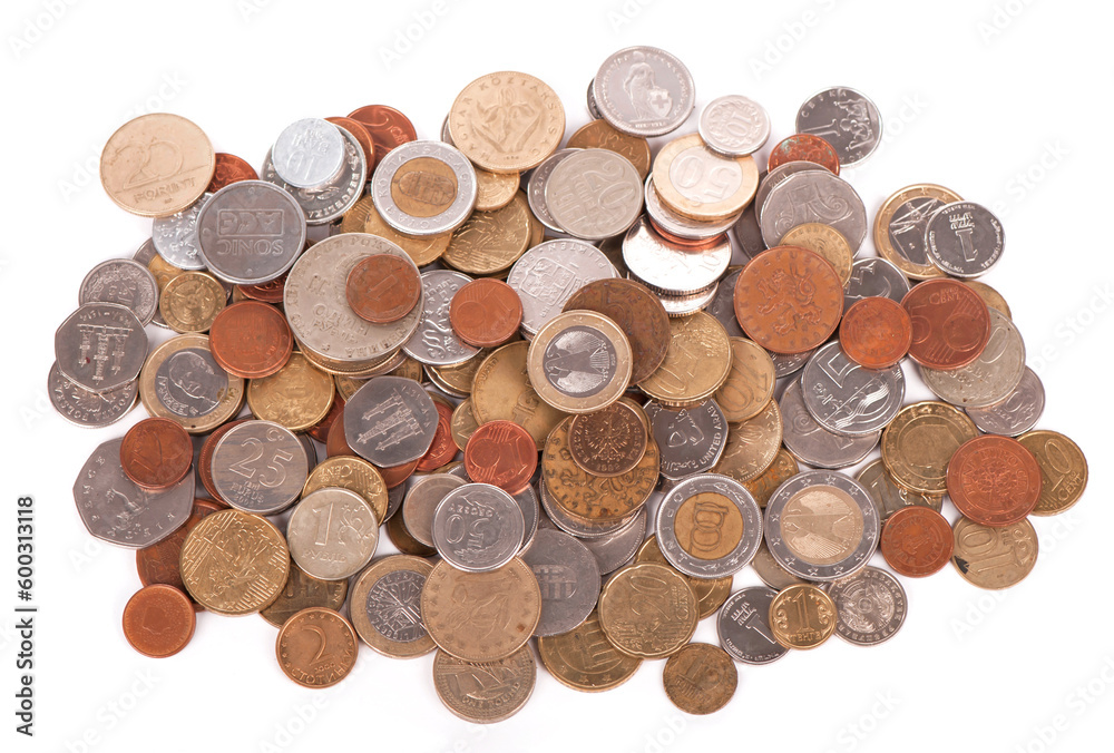 assorted coins from different countries close up isolated on white background assorted coins from different countries close up isolated on white background