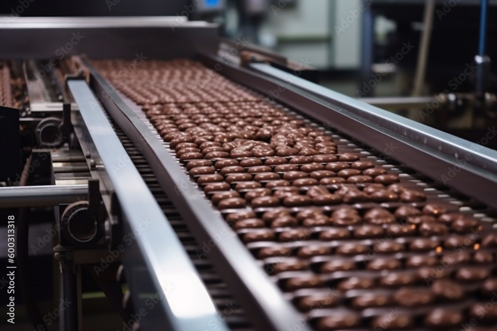 chocolate dessert sweet industrial production manufacturing factory candy food industry. Generative AI.
