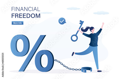Financial freedom concept. Borrower opened shackles with key and freed himself from credit chain. Exemption from business problems and loans. Forced bankruptcy.