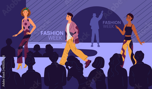 Runway fashion show. Models walk catwalk podium. New clothing collection presentation. Audience and designer. Fashionable event. Men and women in trendy clothes. Garish vector concept