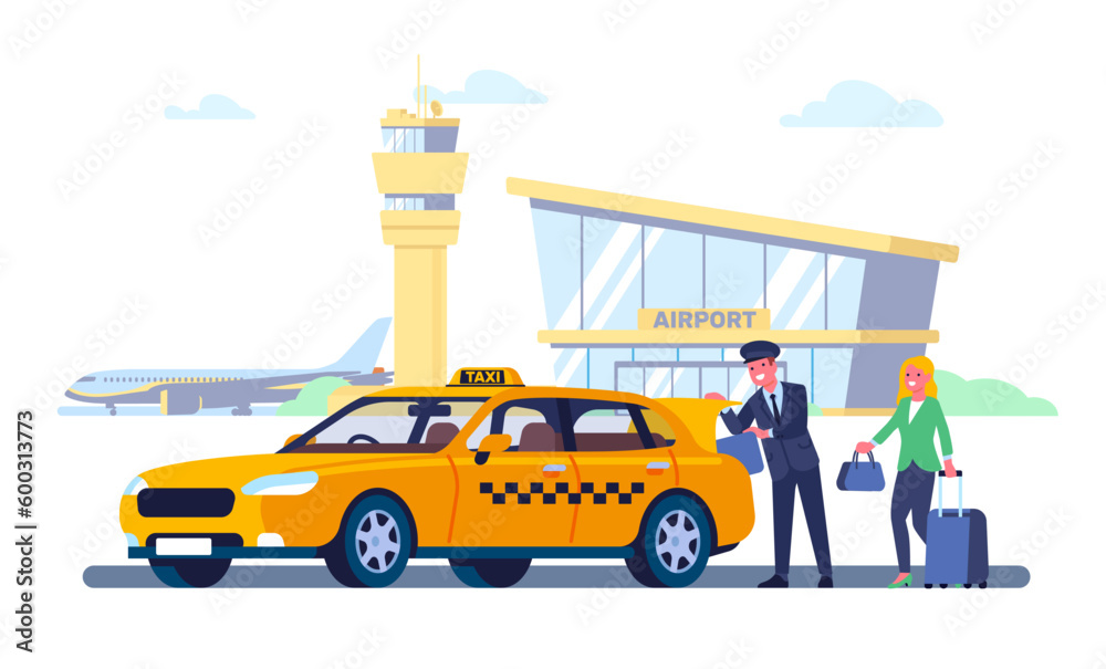 Taxi services at airport. Driver loads passengers luggage in trunk of car. City transportation. Tourist ordering automobile. Woman calling cab. Yellow vehicle at parking. Vector concept
