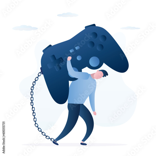 Upset male character chained to game controller. Player carries big joystick on his back. Video games addiction. Unhappy young man dependent to cyber sports. Social issues,
