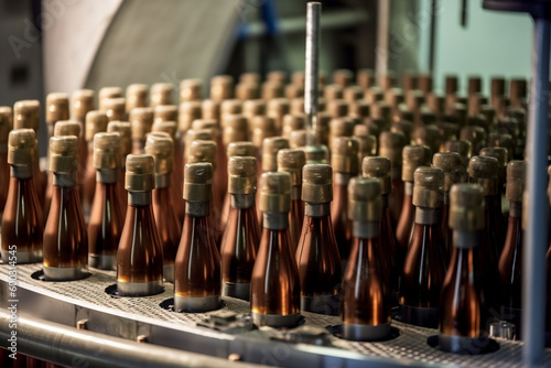 industry line wine glass automated alcohol factory bottle winery drink. Generative AI.