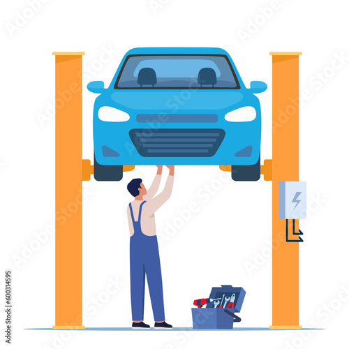 Car repair. Auto mechanic near the car lifted on autolifts. Car service and repair, diagnostics. Auto service. Vector illustration.