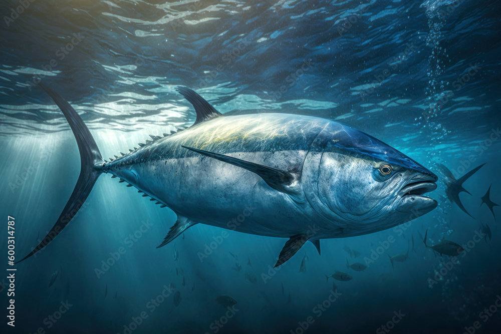 Obraz premium Close big bluefin tuna fish swimming in clear ocean water, Generative AI