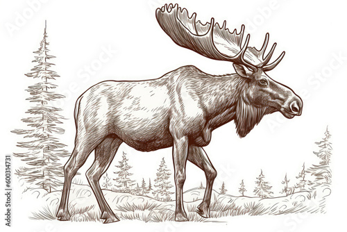 Illustration of a moose in a forest, sketch, Generative AI