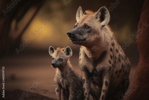 Hyena with cub in natural habitat. Generative AI