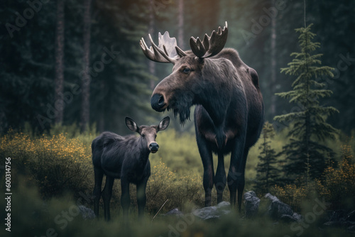 Moose with cub in natural habitat. Generative AI © Uliana