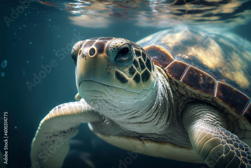 Close wild turtle floating over beautiful natural ocean background, with sunlight through water surface, Generative AI