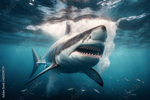 Great White Shark swimming in the ocean. AI Generative