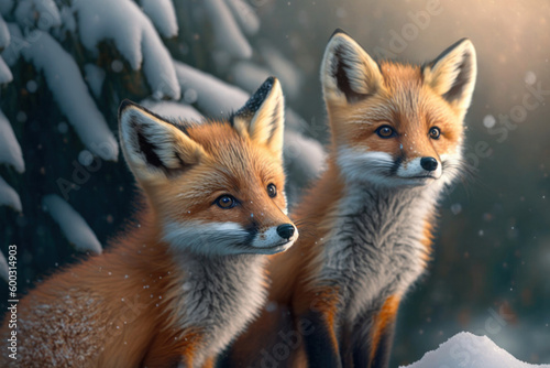 Two red fox cubs in winter time, Generative AI