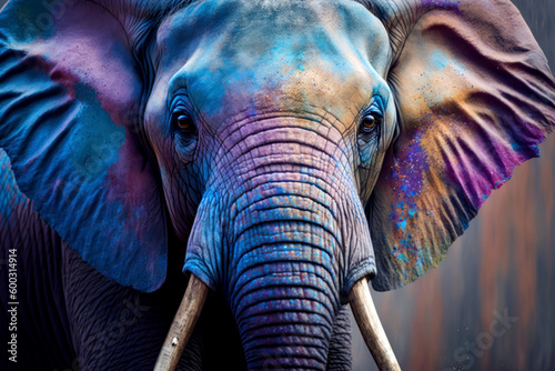 Painting of an elephant with multi-colored paints on the face and tusks, AI Generative