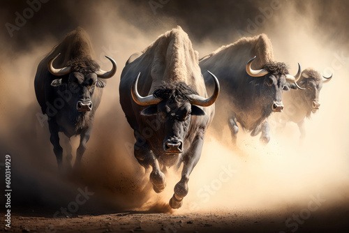 Buffaloes running with dust, Generative AI