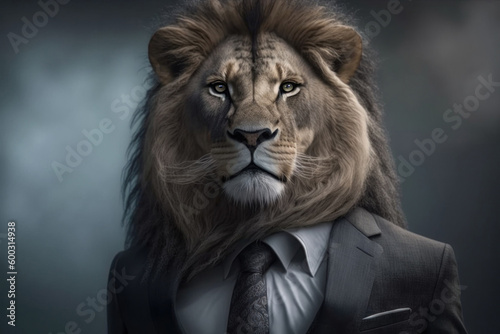 Portrait of a lion in a business suit on dark background  Generative AI