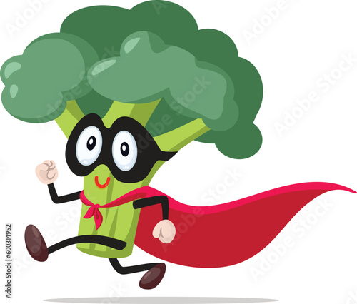 Superhero Broccoli Running with Energy Vector Cartoon Character. Cheerful vegetable exercising with energy super food concept illustration
