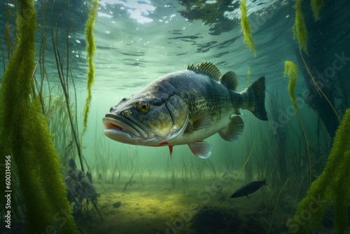 Big predatory fish in habitat underwater looking for prey. Fishing concept, Generative AI