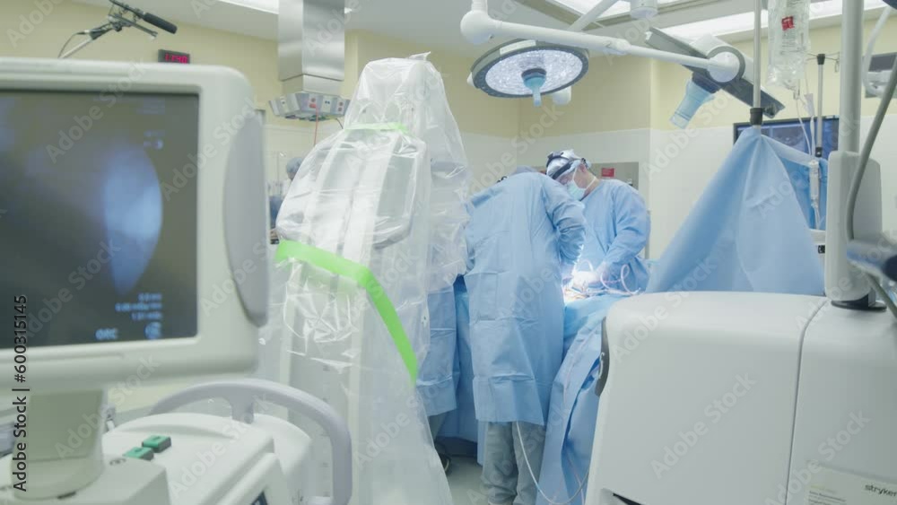 Medical team performs surgery in operating room. Medical team performs surgery in operating room.