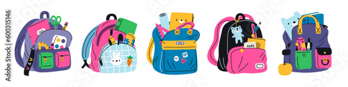 Colorful backpacks with school supplies. Kids rucksacks and stationery. Rulers and notebooks. Students bags with protruding accessories. Markers and pens. Garish vector schoolbags set