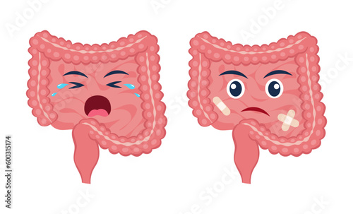 Sick intestine with pain ache or disease. Sad cartoon character intestine, body organ injured or unhealthy. Human cartoon anatomy, kids medicine. Vector illustration.