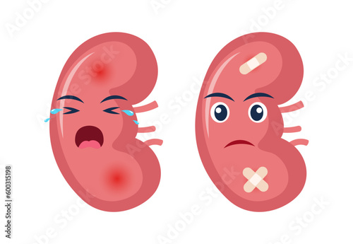 Sick kidney with pain ache or disease. Sad cartoon character kidney, body organ injured or unhealthy. Human cartoon anatomy, kids medicine. Vector illustration.