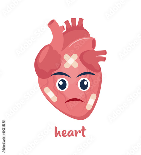 Sick heart with pain ache or disease. Sad cartoon character heart, body organ injured or unhealthy. Human cartoon anatomy, kids medicine. Vector illustration.