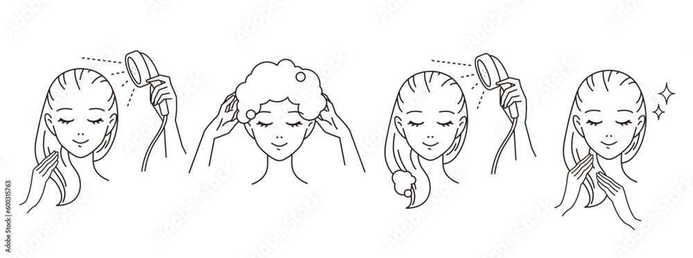 シャンプーをしている女性/シャンプーの使用方法のベクターイラスト素材 Woman shampooing / Vector illustration of how to use shampoo - obrazy, fototapety, plakaty 