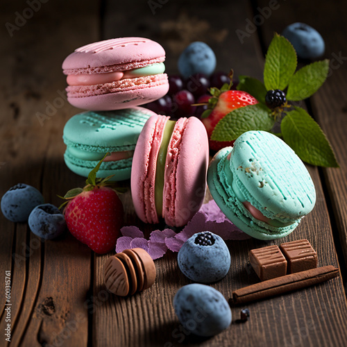 Cake macaron or macaroon stack on wooden table, colorful bright cookies with berries and nuts.