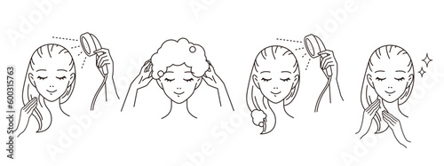 シャンプーをしている女性/シャンプーの使用方法のベクターイラスト素材 Woman shampooing / Vector illustration of how to use shampoo