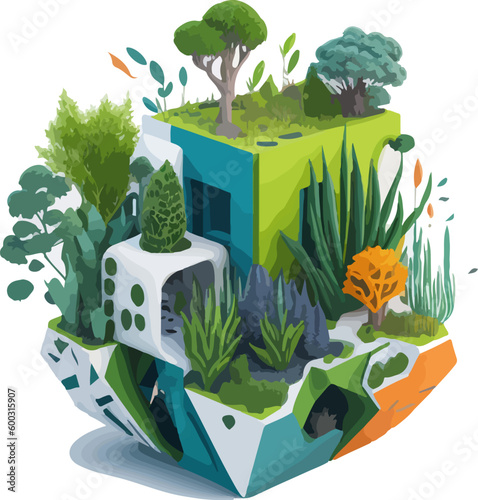 Vector format illustration that celebrates environment waterfall and biodiversity in a colorful and vibrant style. The illustration features a variety of animals and plants in 3d cube painting