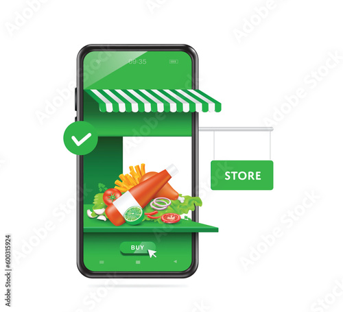 food, vegetables, spices many are placed front green smartphone store to wait for customers to press buy order button below, food delivery