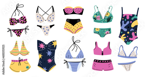 Lingerie and swimsuits. Fashionable patterned female underwear. Swimming bikinis. Panties and bras. Undies fashion collection. Piecework and separate. Garish vector underclothes set