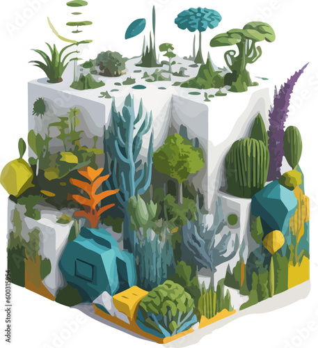 Vector format illustration that celebrates environment waterfall and biodiversity in a colorful and vibrant style. The illustration features a variety of animals and plants in 3d cube painting