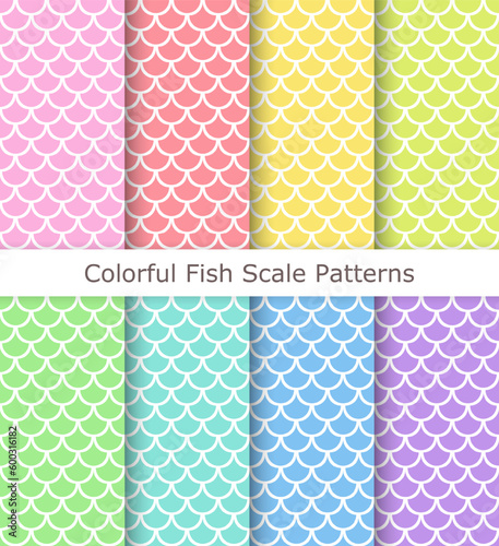 Set of seamless fish scale patterns in pastel rainbow colors.