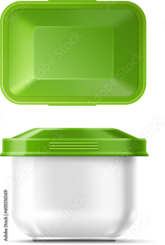 Transparent food container. Realistic plastic product box with green cap. Meal storage packaging mockup. Square pot. Top and side view. Snack pack. Vector isolated empty reusable package