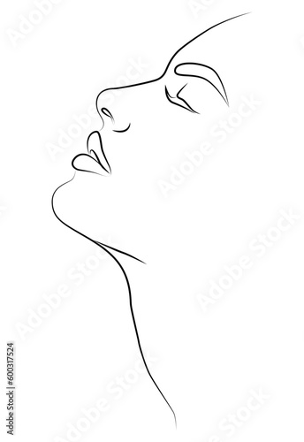 Face. Side view of a young woman drawing a single line on a white isolated background. Vector illustration.