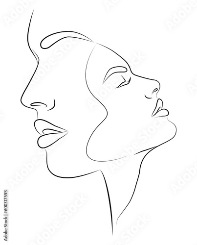 Loving couple line art on white isolated background. Young woman gently placed her hand on the man's chest