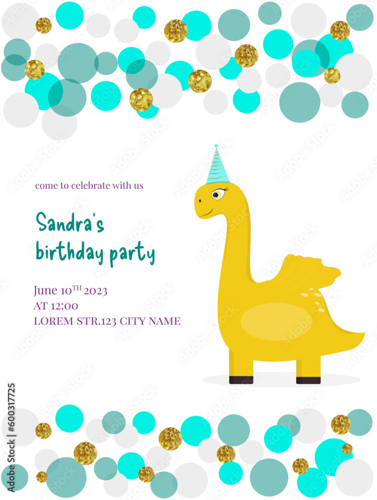 Fototapeta premium Fantasy dragon or dino, beautiful background. Birthday invitation. Vector illustration.