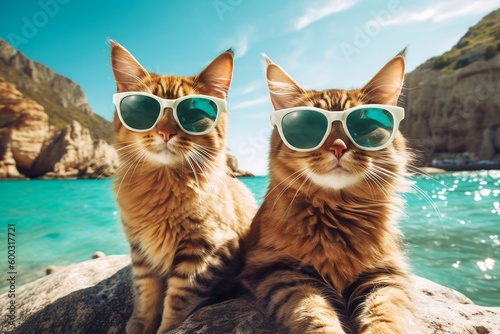 Cute Cats Snapping Selfies on the Beach with a Gorgeous Seascape in the Background. Ai Generated.