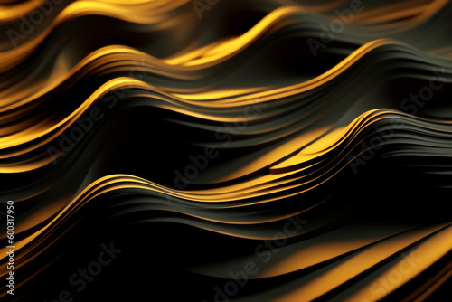 Beautiful futuristic wavey background for your presentation. Textured intricate 3D wall in black and golden tones. realistic background